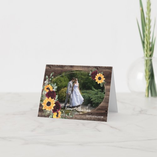 Sunflower Roses Rustic Wood Wedding Photo Thank You Card