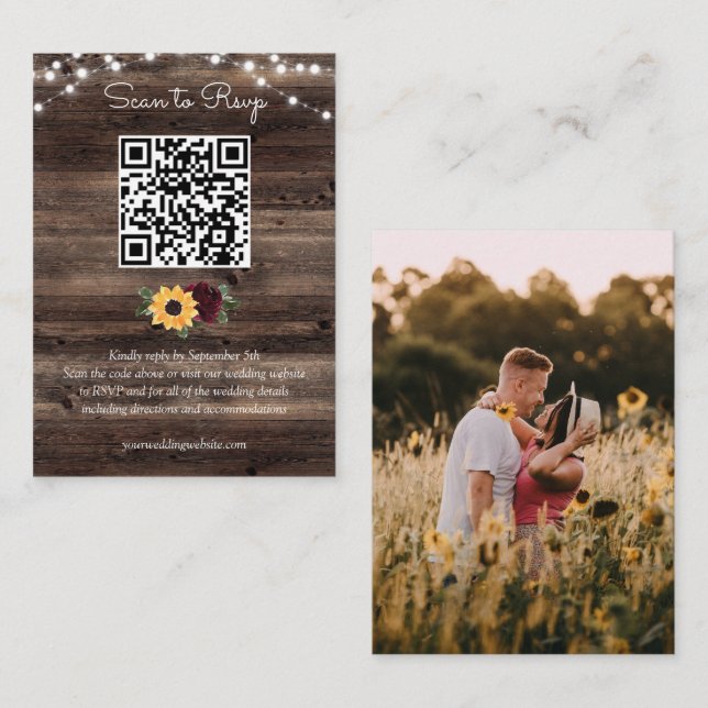 Sunflower Roses Rustic Wood Wedding QR Code RSVP Enclosure Card (Front/Back)