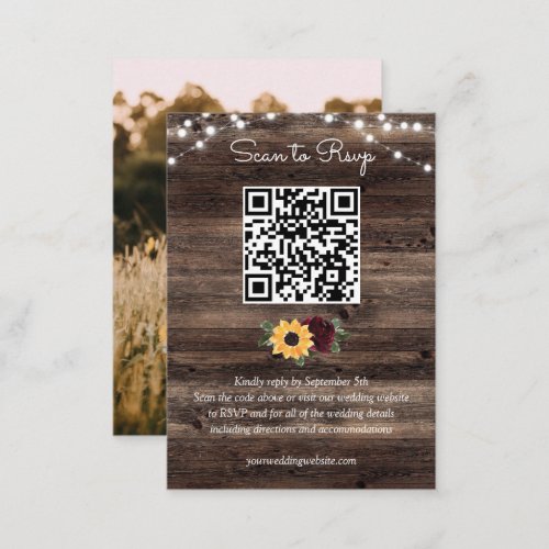 Sunflower Roses Rustic Wood Wedding QR Code RSVP Enclosure Card