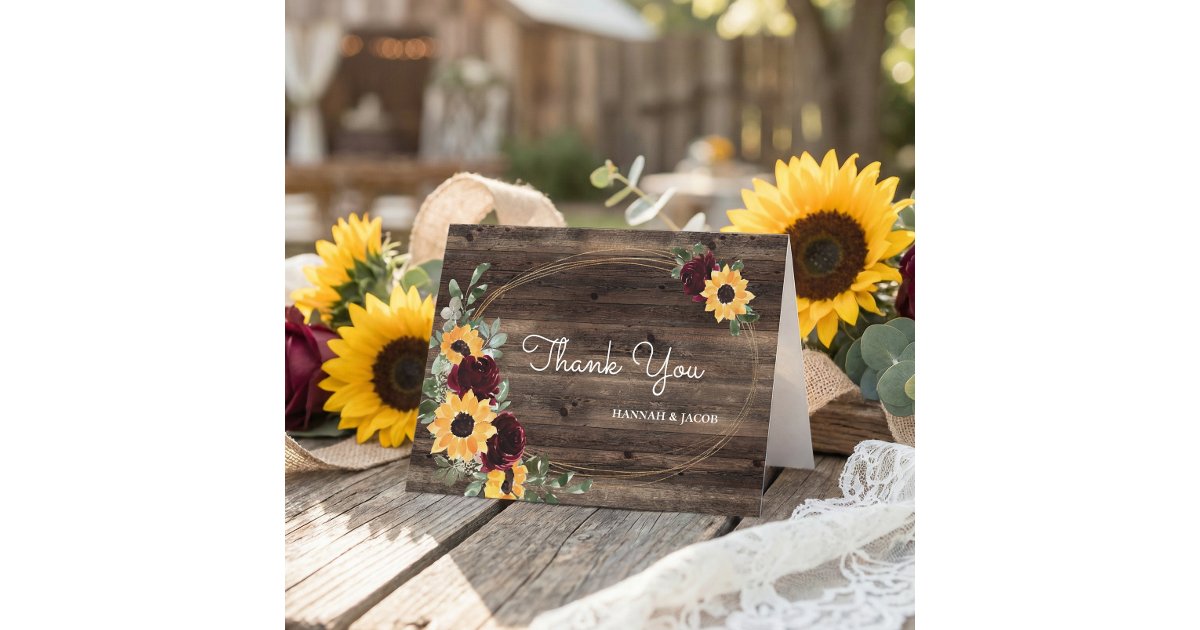 Sunflower Roses Rustic Wood Wedding Thank You Card | Zazzle