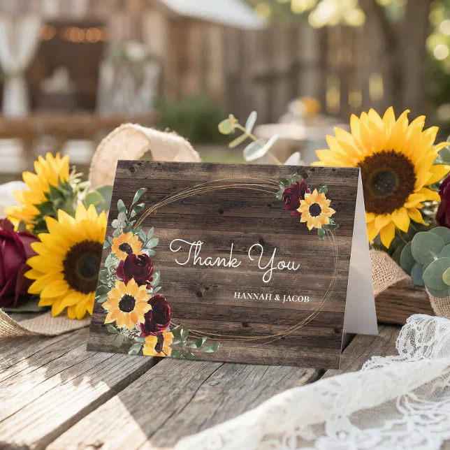 Sunflower Roses Rustic Wood Wedding Thank You Card | Zazzle