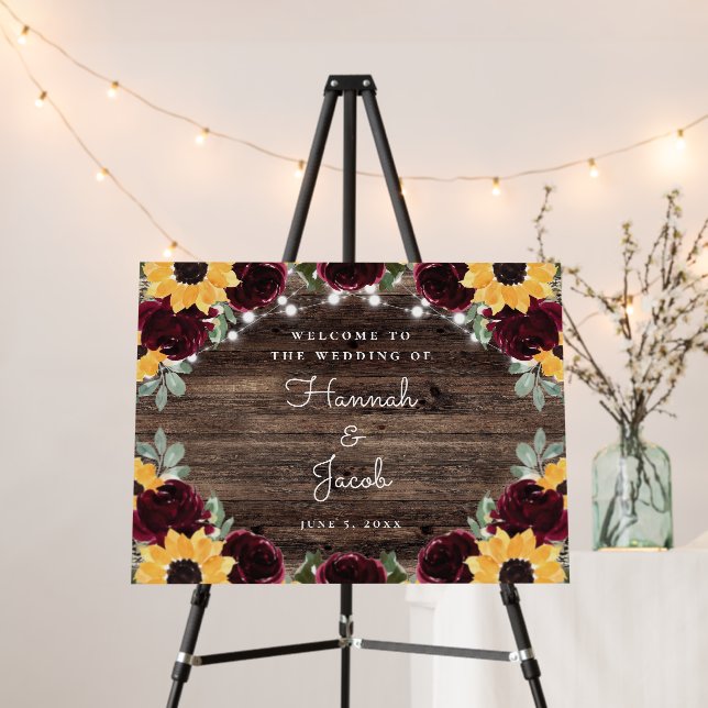 Sunflower Roses Rustic Wood Wedding Welcome Sign (In Situ (Stand))