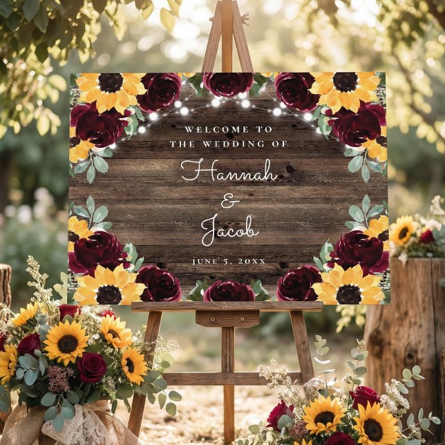 Sunflower Roses Rustic Wood Wedding Welcome Sign (Creator Uploaded)