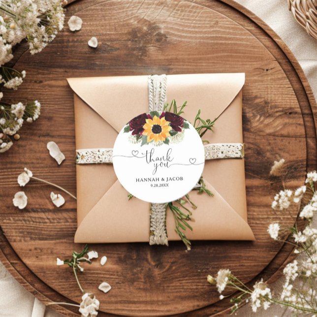 Sunflower Roses Wedding Thank You Favor Classic Round Sticker (Creator Uploaded)