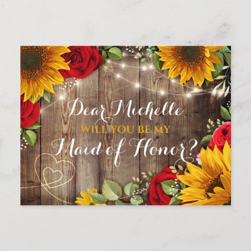 Sunflower  Roses Will You Be My Maid of Honor Announcement Postcard