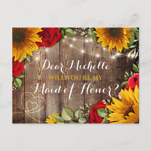 Sunflower & Roses Will You Be My Maid of Honor Announcement Postcard (Front)
