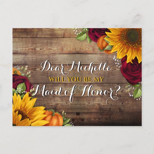 Sunflower  Roses Will You Be My Maid of Honor Announcement Postcard