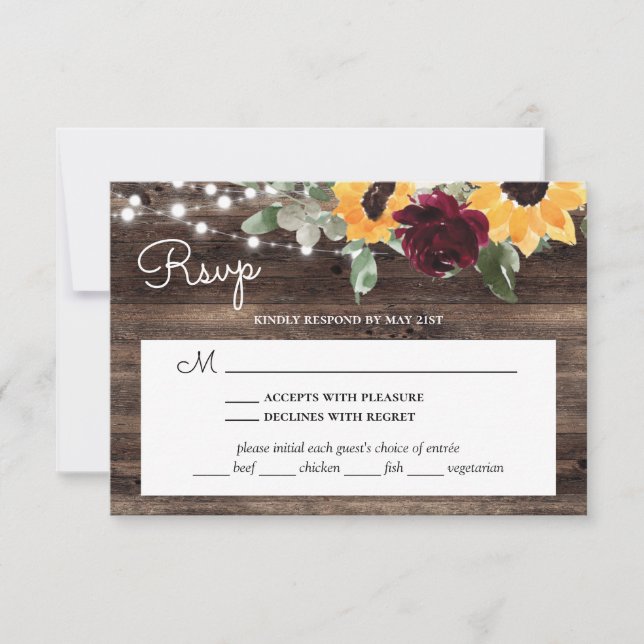 Sunflower Roses Wood Wedding With Meal Choice RSVP Card (Front)