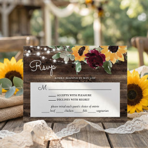 Sunflower Roses Wood Wedding With Meal Choice RSVP Card