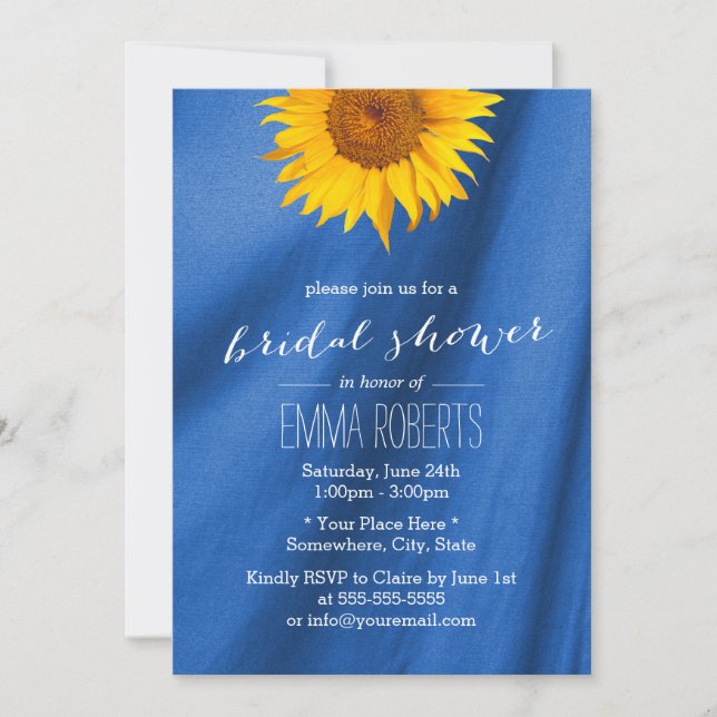 Sunflower Royal Blue Fabric Bridal Shower Invitation (Front)