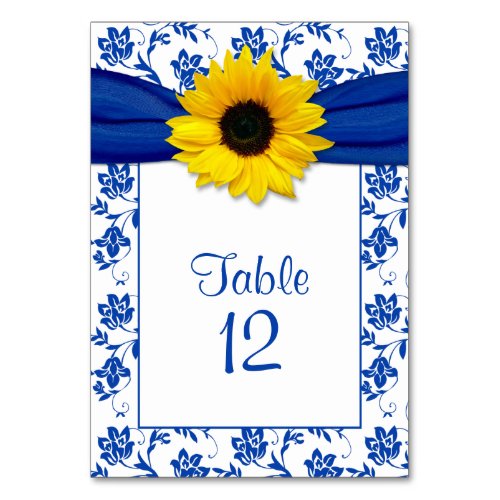 Sunflower Royal Blue Floral Pattern Wedding Table Number