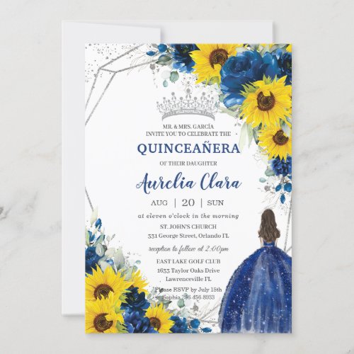 Sunflower Royal Blue Floral Princess Quinceaera Invitation