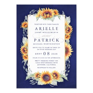Sunflower Royal Blue Rustic Wedding Invitations