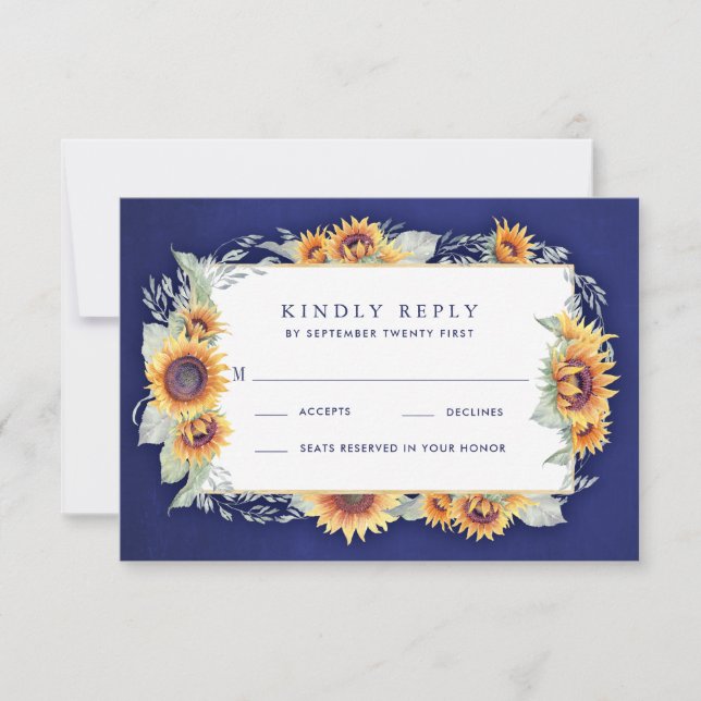 Sunflower Royal Blue Rustic Wedding RSVP Cards (Front)