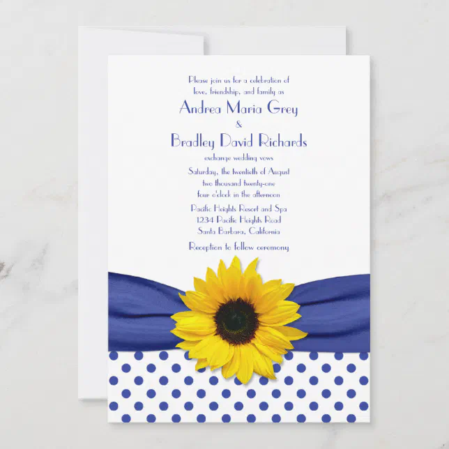 Sunflower Royal Blue White Polka Dot Wedding Invitation | Zazzle