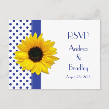 Sunflower Royal Blue White Polka Dot Wedding Rsvp Invitation Postcard by wasootch at Zazzle