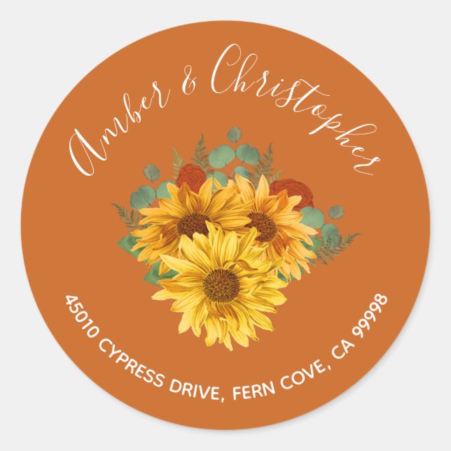 Sunflower Rust Roses Wedding Address Envelope Seal (Front)