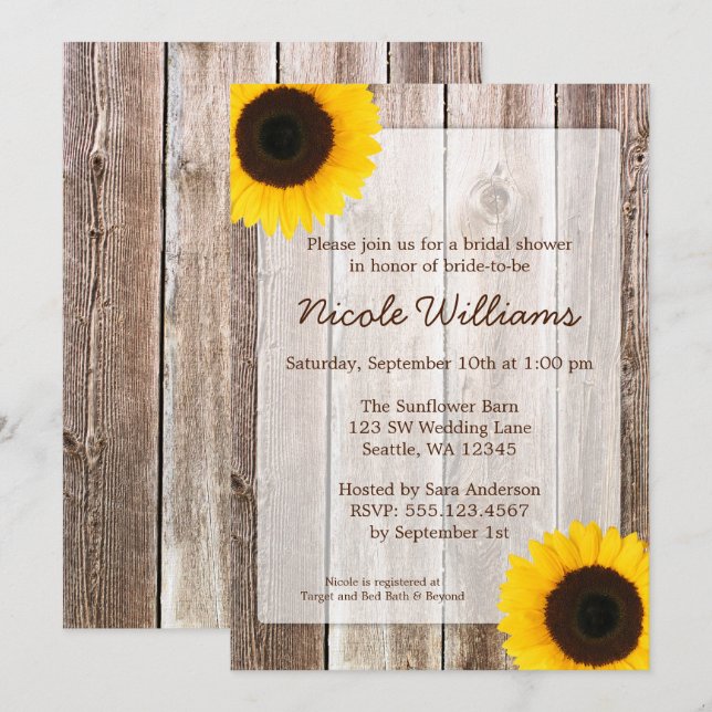Sunflower Rustic Barn Wood Bridal Shower Invitation (Front/Back)