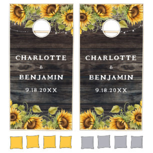 Sunflower Rustic Barn Wood Floral Wedding Cornhole Set