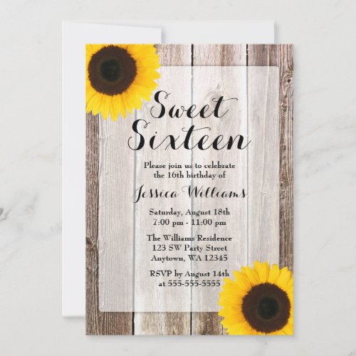 Sunflower Rustic Barn Wood Sweet 16 Invitation