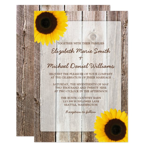 Sunflower Rustic Barn Wood Wedding Invitation