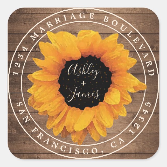 Sunflower Rustic Barn Wood Wedding Return Address Square Sticker (Front)