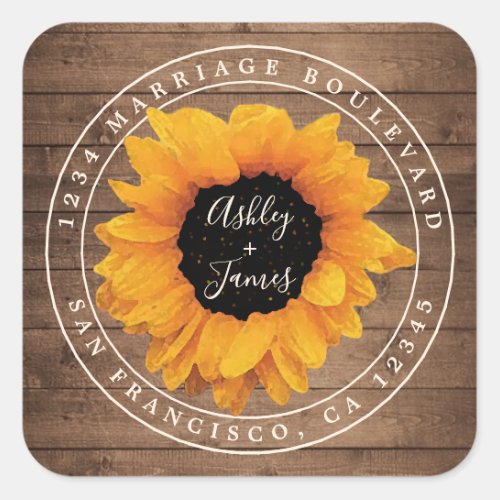 Sunflower Rustic Barn Wood Wedding Return Address Square Sticker