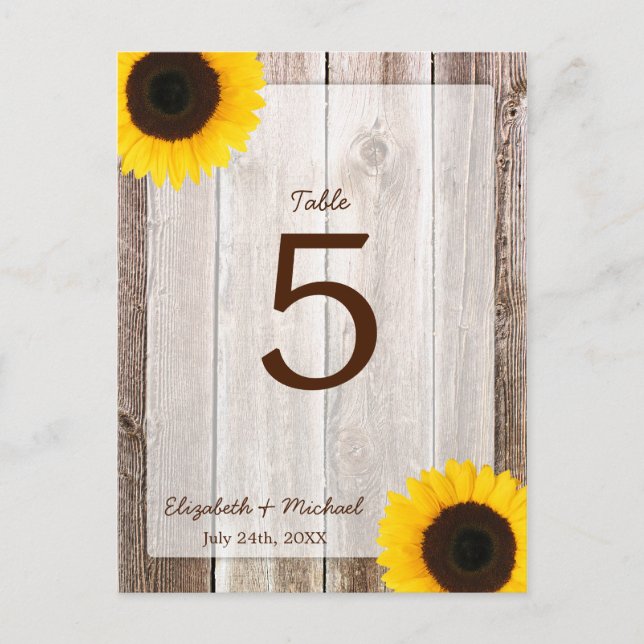 Sunflower Rustic Barn Wood Wedding Table Number (Front)