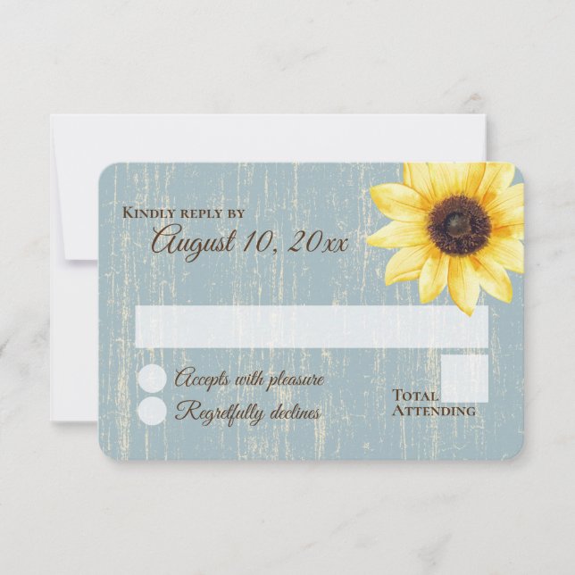 Sunflower Rustic Blue Barn Wedding Response Invitation (Front)