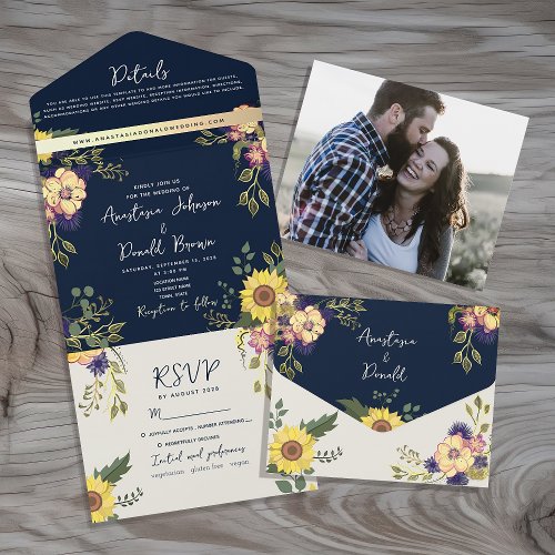 Sunflower Rustic Boho Navy Blue Wedding All In One Invitation