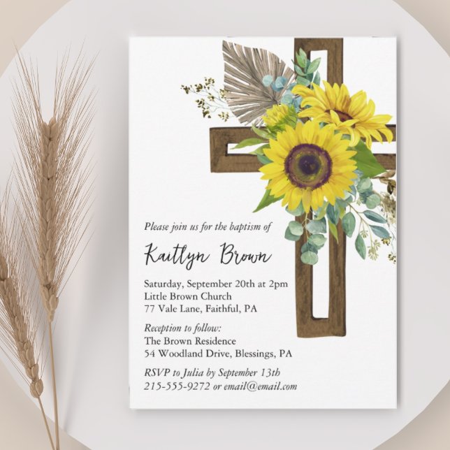 Sunflower Rustic Boho Wooden Cross Baptism Invitation (Creator Uploaded)