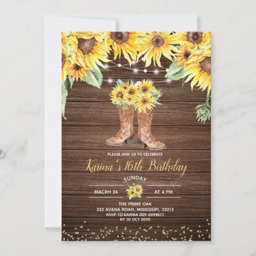 Sunflower Rustic Boot Sweet Sixteen Invitation