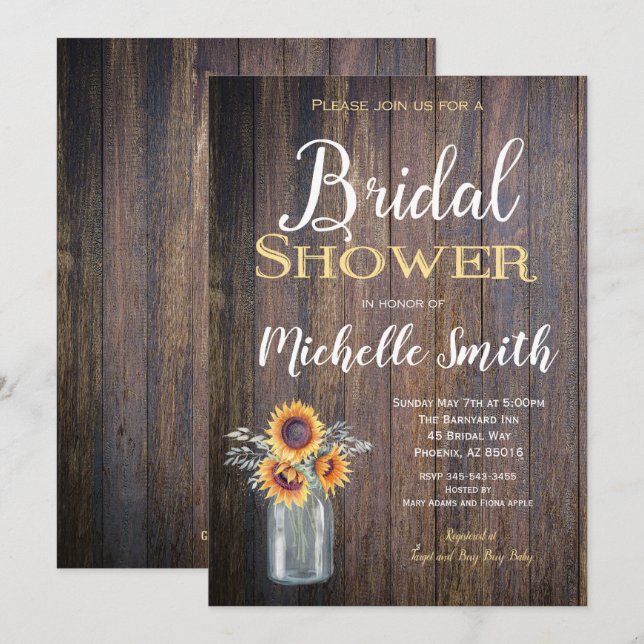Sunflower Rustic Bridal Shower Invitation, Rustic Invitation (Front/Back)