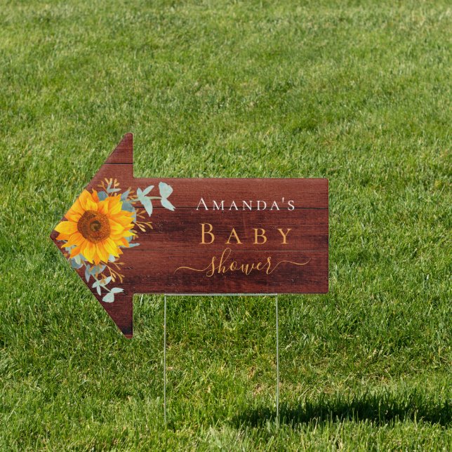 Sunflower rustic brown wood baby shower arrow sign (Insitu)
