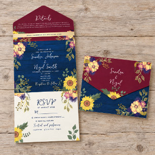 Sunflower Rustic Burgundy Navy Blue Wedding All In One Invitation