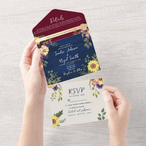 Sunflower Rustic Burgundy Navy Blue Wedding All In One Invitation