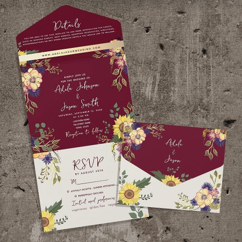 Sunflower Rustic Burgundy Wedding All In One Invitation