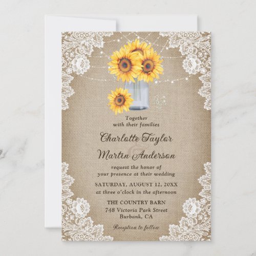 Sunflower Rustic Burlap Lace Mason Jar Wedding Invitation