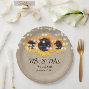 Sunflower Rustic Burlap String Lights Wedding Paper Plates