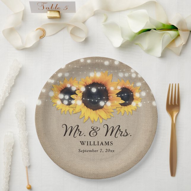 Sunflower Rustic Burlap String Lights Wedding Paper Plates (Wedding)