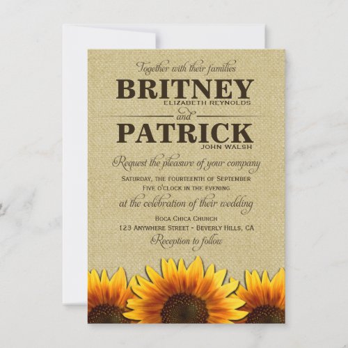 Sunflower Rustic Burlap Wedding Invitations
