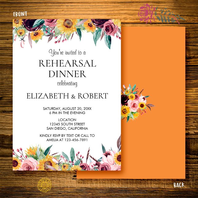 Sunflower Rustic Burnt Orange Wedding Rehearsal Invitation (Creator Uploaded)