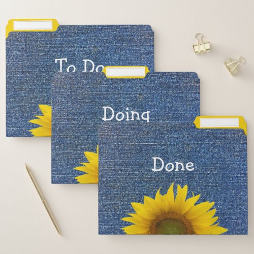 Sunflower Rustic Country Blue Denim Floral  File Folder