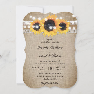 Sunflower Rustic Country Burlap Lace Wedding Invitation