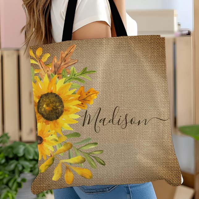 Sunflower Rustic Country Burlap Personalized Name Tote Bag (Creator Uploaded)