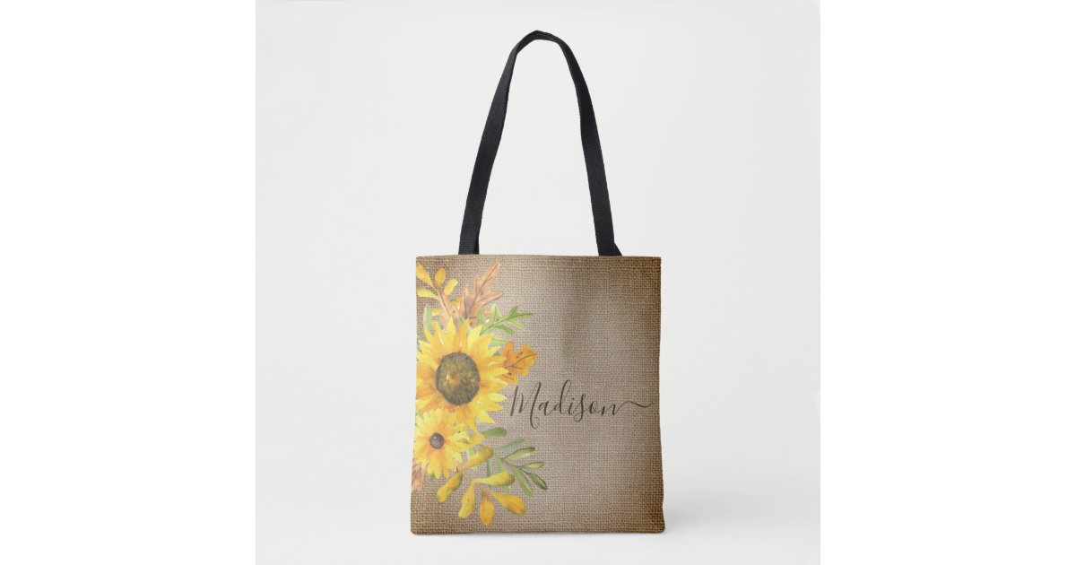 Floral Monogram Burlap Tote Bag
