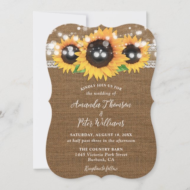 Sunflower Rustic Country Burlap Wedding Invitation (Front)