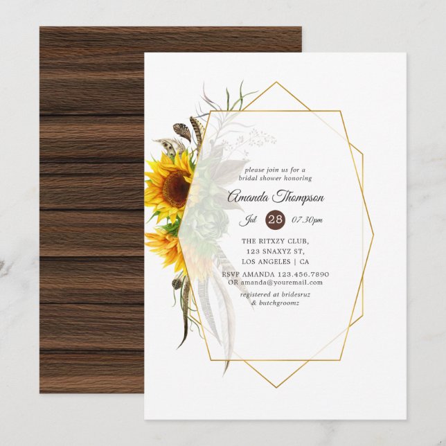 Sunflower Rustic Country Geometric Bridal Shower Invitation (Front/Back)