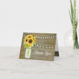 Sunflower Rustic Country Mason Jar Fairy Lights Letterpress Thank You Card
