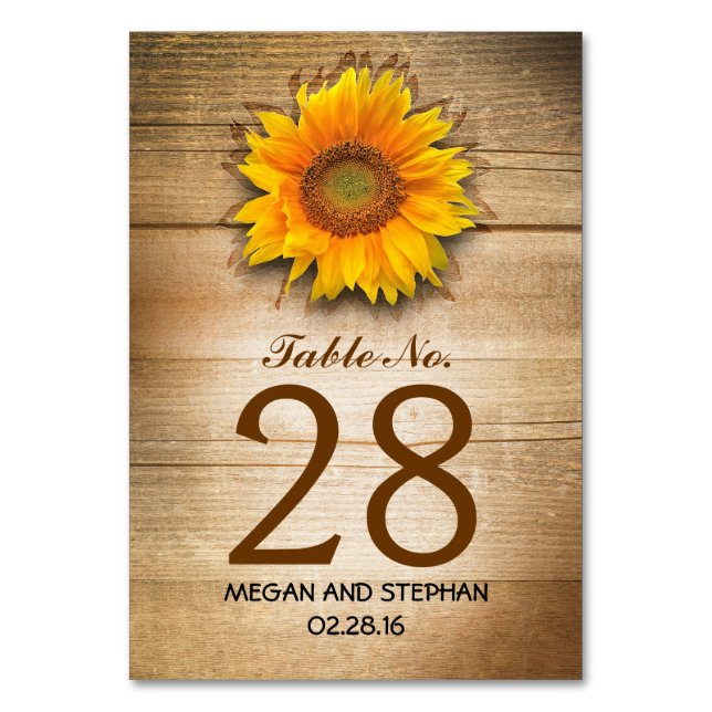 Sunflower Rustic Country Wedding Table Number Card (Front)